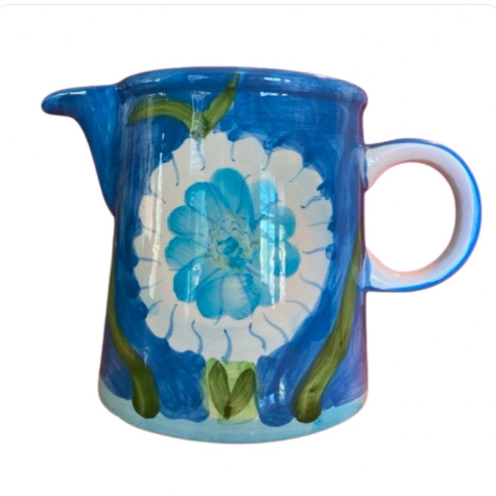 Vintage WCL Large Hand Painted Ceramic Pitcher Blue And White Floral Design
